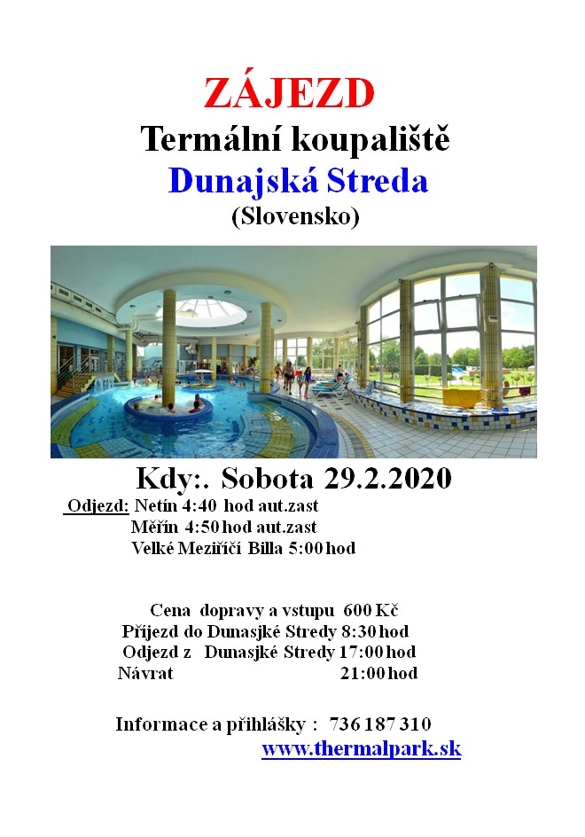 Pozvánka na zájezd do termálů Dunajská Streda a Velký Meder