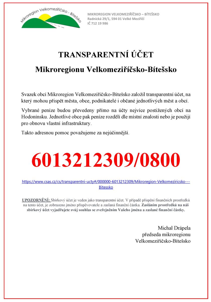 Svazek obcí Mikroregion Velkomeziříčsko-Bítešsko založil transparentní účet pro pomoc Moravě