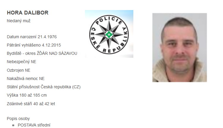 Kriminalisté pátrají po hledaném Daliboru Horovi ze Žďárska