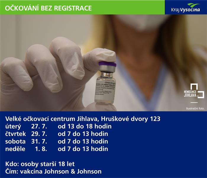 Velké očkovací centrum Jihlava – Hruškové Dvory nabídne příští týden termíny OČKOVÁNÍ BEZ REGISTRACE
